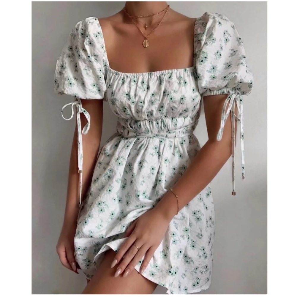 bohemian white floral print puff sleeve mini dress - Picture 1 of 5